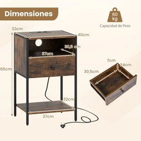 Conjunto de 2 mesas de cabeceira, mesas apoio 40 x 32 x 65 cm com Estação de carregamento, Compartimento aberto Gaveta Castanho Rústico