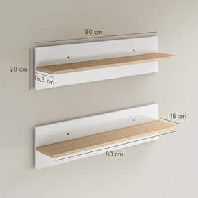 Conjunto de 2 prateleiras de parede de 80 cm, prateleiras suspensas para a sala de estar, hall de entrada, quarto e cozinha, em branco e madeira natur