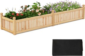 Floreira de jardim em madeira 227 cm x 59,5 cm x 40 cm com divisória Sistema de drenagem Forro não tecido para cultivar legumes e flores Natural