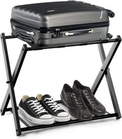 2 x Suporte de bagagem dobrável Suporte de bagagem de metal até 60 kg com 4 correias estáveis e design de 2 andares para casa e hotel Preto