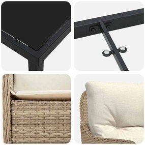 Conjunto de Jantar de Jardim de 3 Peças com Almofadas Bege Rattan PE