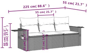 3 pcs conj. sofás jardim c/ almofadões vime PE cinzento-claro