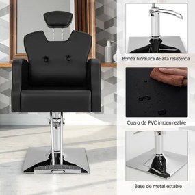 Cadeira de cabeleireiro hidráulica 99-114 cm com apoio de cabeça giratório de 360° com regulação da altura Carga 150 kg Preto