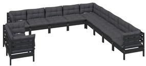 11 pcs conjunto lounge jardim c/ almofadões pinho maciço preto