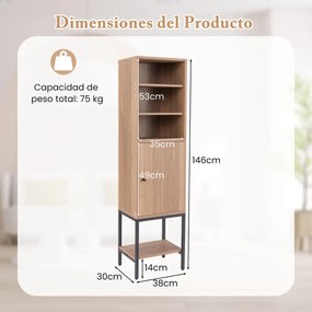 Armário de arrumação de 145 cm de altura com estantes ajustáveis com porta para sala de estar, cozinha, escritório Natural