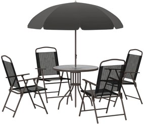 Outsunny Conjunto de Jardim Refeição 6 Peças com 4 Cadeiras Dobráveis 1 Mesa com Bancada de Vidro e 1 Chapéu de Sol Preto
