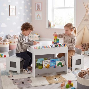 Conjunto de Mesa Infantil e 2 Cadeiras, 66 x 64 x 48 cm, Tampo Reversível, Cinzento