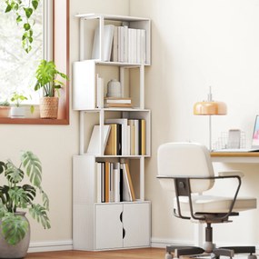 Estante de 5 Níveis em Forma de S Estante de Livros com 5 Prateleiras e 2 Portas 60x23,8x179,2 cm Branco