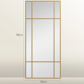 Espelho de parede retangular em estilo janela, na orientação horizontal ou vertical, com 4 ganchos, 110 x 50 cm em metal dourado