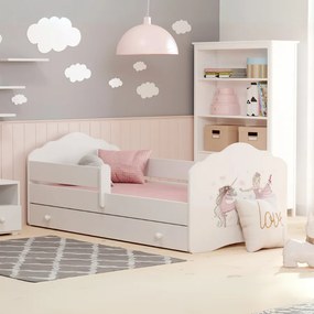 Cama infantil branca FALA 160x80 com gaveta - unicórnio e princesa - colchão e estrado incluído