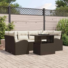 Conjunto de Sofá de Jardim vidaXL com Almofadas 7 Peças Castanho Rattan Poliéster