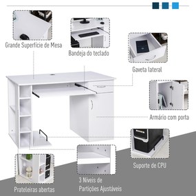 Secretária para escritório com prateleiras abertas Gabinete Suporte para CPU e bandeja removível 120x60x74 cm Branco