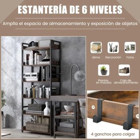 Estante industrial de 6 camadas com 6 prateleiras, 4 ganchos, estrutura de metal para sala de estudo, 69x34x177cm, Castanho Rústico e Preto