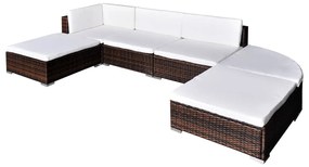 6 pcs conjunto lounge de jardim c/ almofadões vime PE castanho