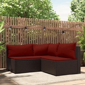 vidaXL 3 pcs conjunto lounge jardim c/ almofadões vime PE castanho