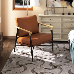 Poltrona de meados do século em couro sintético, com almofada de encosto removível e estrutura metálica, para sala de estar, quarto ou escritório, cor