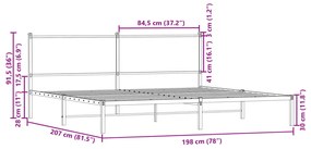 Estrutura de cama sem colchão 193x203cm metal carvalho fumado