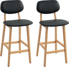 Conjunto de 2 bancos de bar, cadeiras altas, revestimento sintético com encosto e pernas em madeira, preto