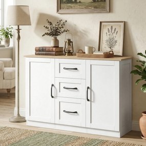 Aparador de sala 110 x 35 x 80,4 cm, móvel de arrumação com 2 portas com fecho suave e 3 gavetas, , branco e madeira natural