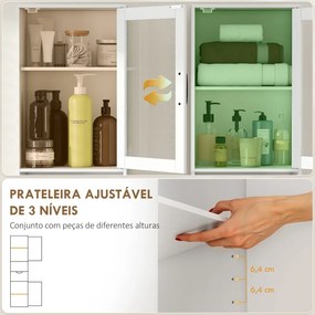 Coluna Casa de Banho ou armário de cozinha 40x30x165 cm com Porta de Vidro Prateleiras Ajustáveis Gaveta e Prateleira Aberta Branco