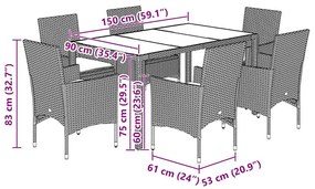 7pcs conj. jantar jardim + almofadões vime PE/vidro cinza claro