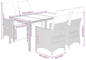 5 pcs conjunto bistrô de jardim c/ almofadões vime PE cinza