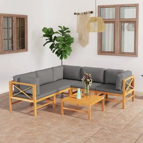 vidaXL 6 pcs conj. lounge de jardim + almofadões cinzentos teca maciça