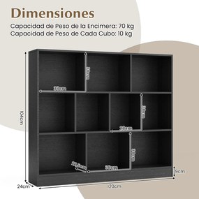 Estante com 120 x 24 x 104 cm 10 cubos de armazenamento com 3 níveis Estante de exposição de 120 cm para sala de estar/quarto Preto