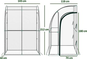 Estufa de jardim encostada, com 2 portas enroláveis com fecho de correr, em aço e PVC transparente