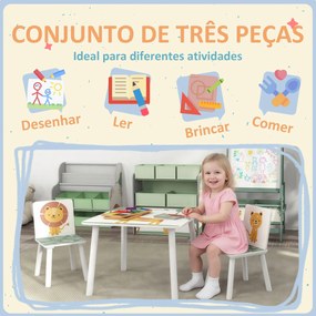 Mesa e Cadeiras para Crianças de 3 Peças Mesa Infantil com 2 Cadeiras em Madeira com Desenhos de Leões Verde