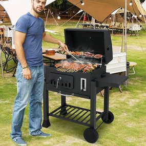 Churrasqueira XXL portátil com tampa e 2 mesas laterais dobráveis, 3 ganchos 2 rodas e abridor de garrafas 132 x 57 x 106 cm preto