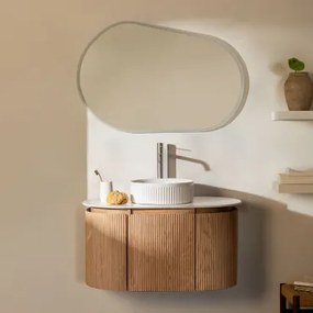 Conjunto De Móvel De Casa De Banho Suspenso Em Madeira Carsone Madeira Natural & Sem Unidade Auxiliar & Cerâmica Redonda Riscas Brancas - Sklum