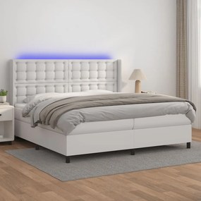 Cama box spring c/colchão/LED 200x200cm couro artificial branco