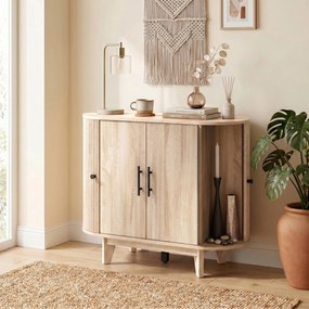 Aparador de sala, móvel de arrumação oval com 4 portas e prateleira ajustável, 90 x 40 x 76 cm, carvalho