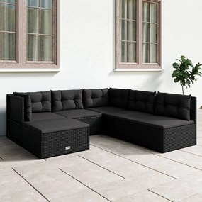 vidaXL 6 pcs conjunto lounge de jardim c/ almofadões vime PE preto