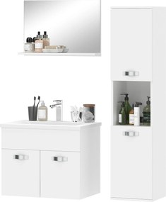 Conjunto de móveis de casa de banho de 4 peças, de parede, com espelho, móvel de lavatório, lavatório e armário alto, branco