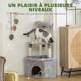 Arranhador para gatos com torre de brincadeiras, arranhadores de sisal, plataforma, compartimentos abertos, tecido felpudo, bolas, 49x49x114 cm, cinze