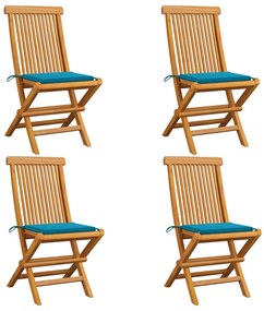 Cadeiras de jardim c/ almofadões azuis 4 pcs teca maciça