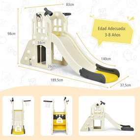 Escorrega infantil grande 6 em 1 com jogo de arremesso de bola de basquete Telescópio Interior Exterior 189,5 x 83 x 98 cm Amarelo