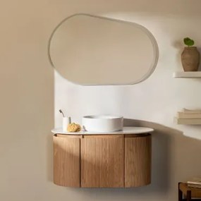 Conjunto De Móvel De Casa De Banho Suspenso 90x50 Cm Em Madeira Carsone Madeira Natural & Sem Unidade Auxiliar & Cerâmica Redonda Branca - Sklum