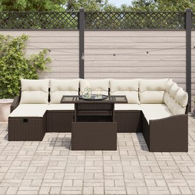 Conjunto de Sofá de Jardim 9 Peças com Almofadas Marrom de Rattan Poli
