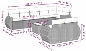 9 pcs conj. sofás jardim com almofadões vime PE cinzento-claro