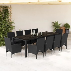 11 pcs conjunto jantar jardim c/ almofadões vime PE/vidro preto