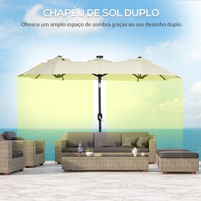 Outsunny Chapéu de Sol Duplo com Luzes LED 280x146x227cm Chapéu de Sol de Jardim com Inclinação de 45° Manivela Estrutura de Aço para Pátio Varanda Piscina Bege