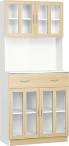 Armário de Cozinha  80x40x180 cm com 4 Portas de Vidro Bancada Aberta para Micro-Ondas Branco e Madeira