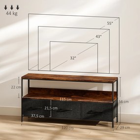 Móvel de TV, móvel para televisores até 55 polegadas, com 3 gavetas e pés em aço, 120 x 29 x 56 cm, castanho rústico