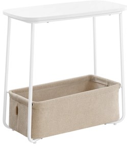 Mesa lateral redonda pequena VASAGLE, mesa de cabeceira moderna com cesto de tecido, branco fosco e marrom camelo LET223W10
