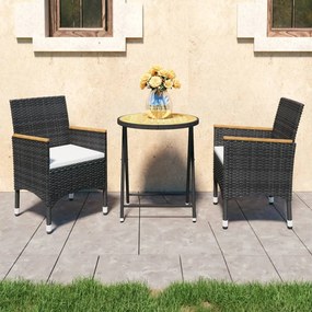 vidaXL 3 pcs conjunto bistrô jardim vime PE e madeira de acácia preto