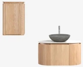 Conjunto De Móvel De Casa De Banho Suspenso 90x50 Cm Em Madeira Carsone Madeira Natural & Madeira Natural & Cimento Cinzento Redondo Ø40 Cm - Sklum