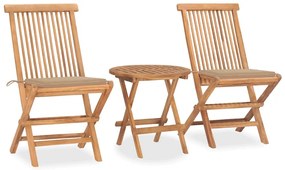 vidaXL 3 pcs conj. jantar dobrável exterior c/ almofadão teca maciça